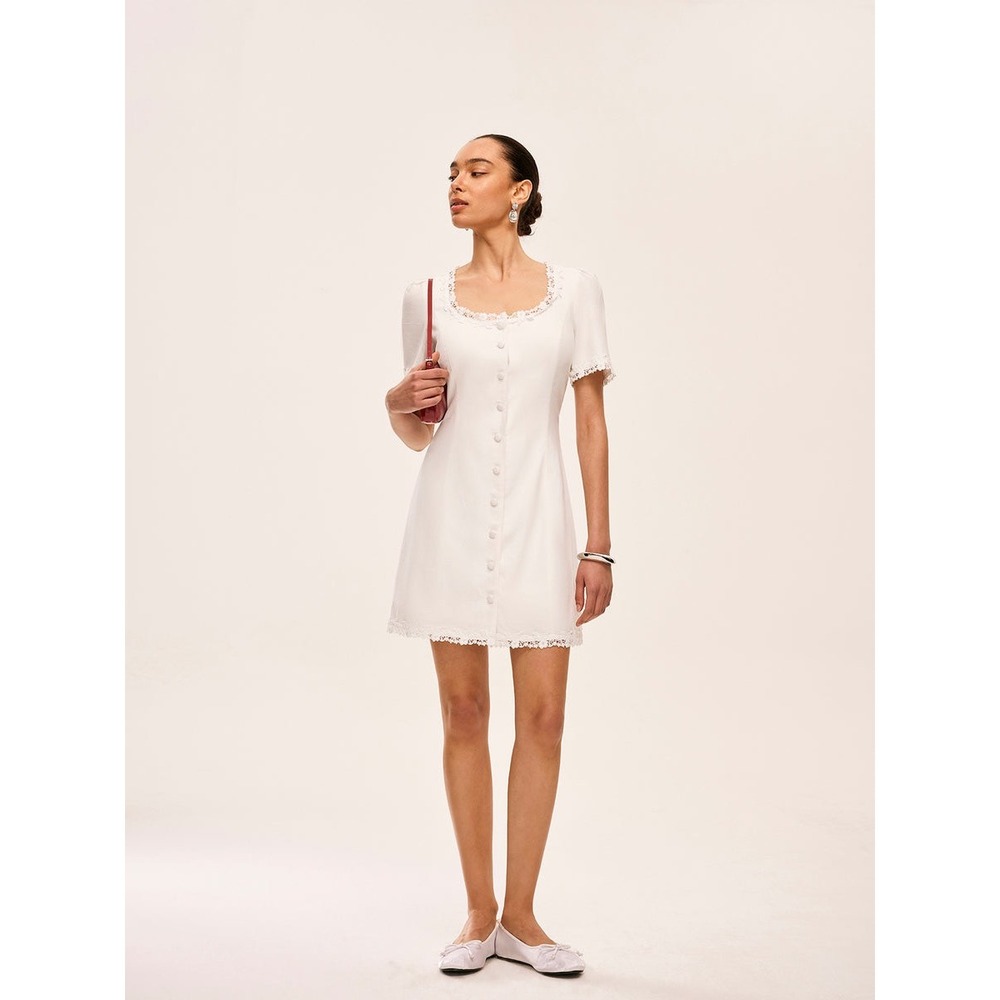Commense White Mini Dress Lace Trim Button Front Short Sleeve Cottagecore‎ Dress